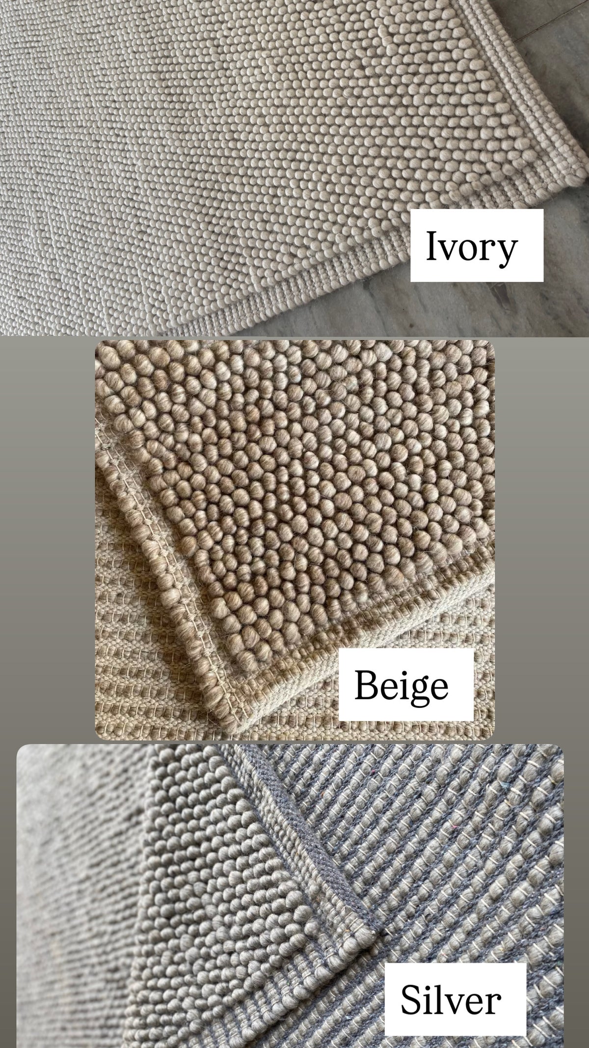 Color options. Ivory, Beige & Silver