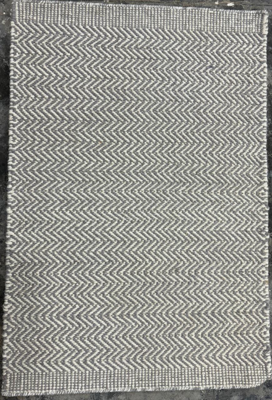 Grey Silver & White Hand woven, Wool flat weave rug, Single Line Chevron Style - LavnLira