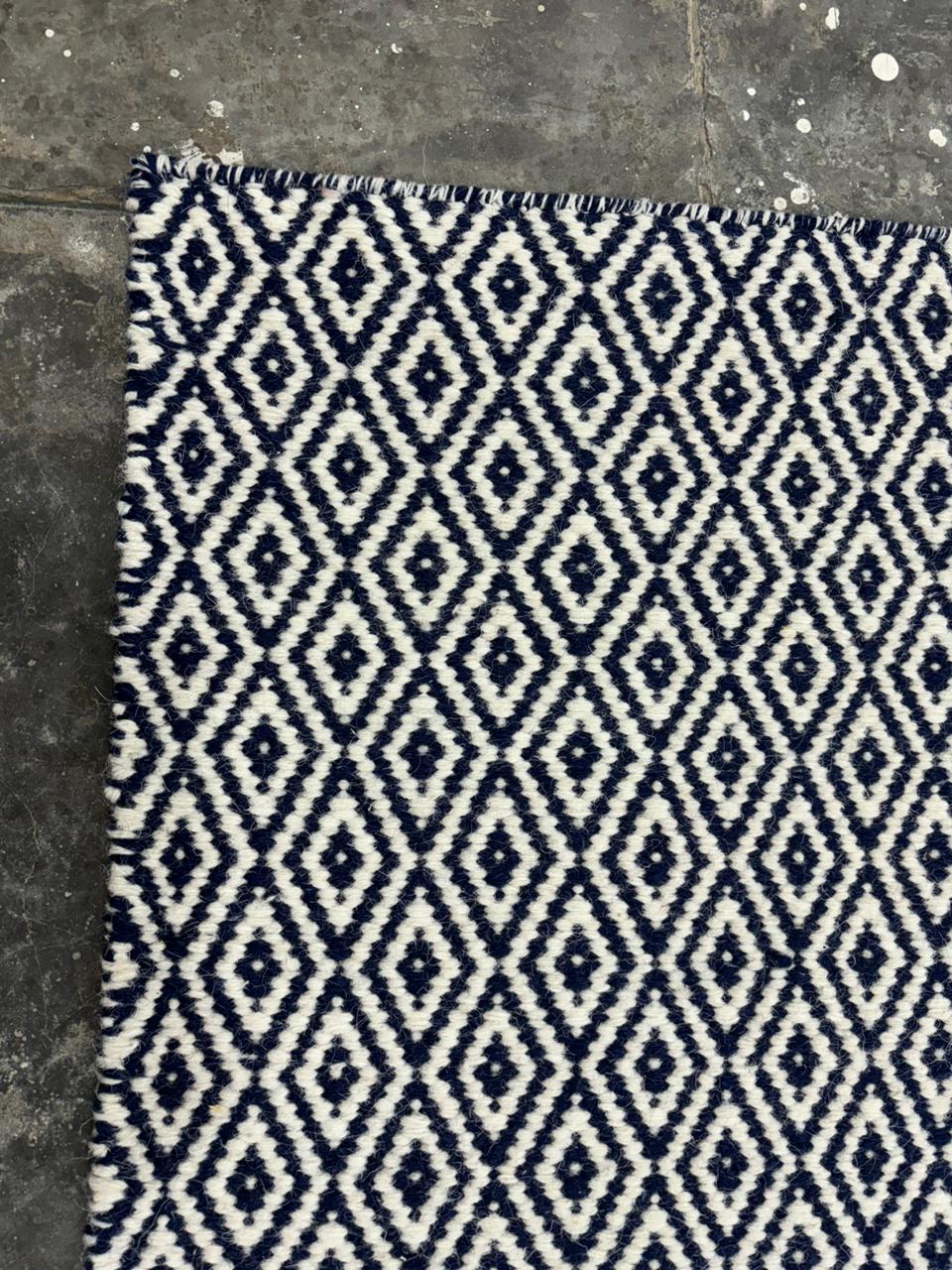 Navy Blue & White Hand woven, Wool flat weave rug, Diamond Shape - LavnLira