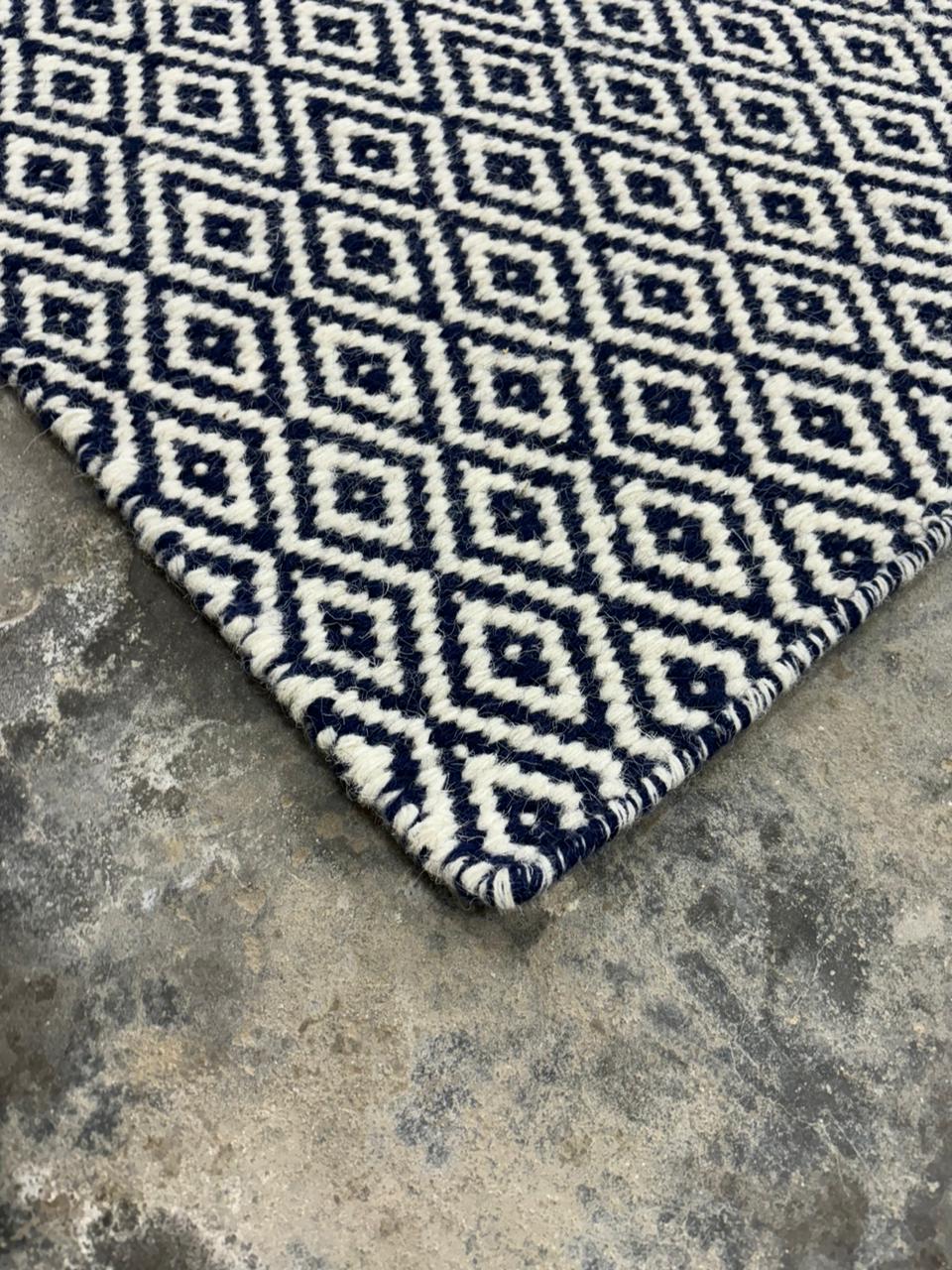 Navy Blue & White Hand woven, Wool flat weave rug, Diamond Shape - LavnLira