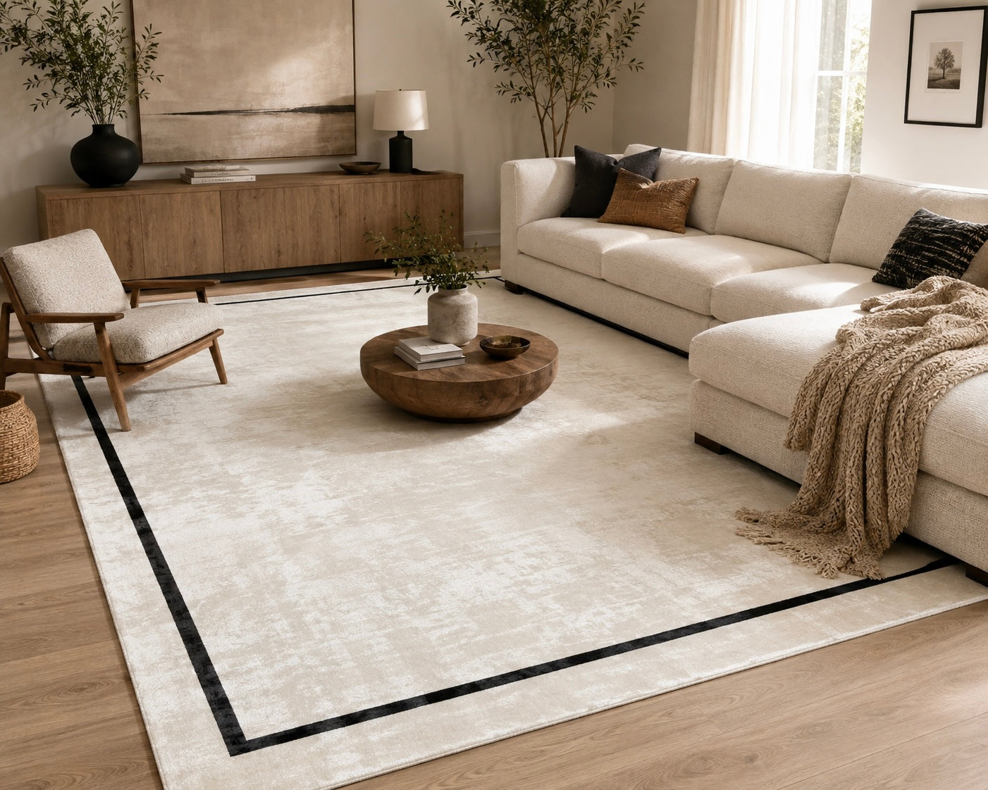 Hand Loomed, Viscose Border Rug, Ivory & Black Modern Area Rug, Luxury Rug, Minimalist Designer Carpet | Lav & Lira