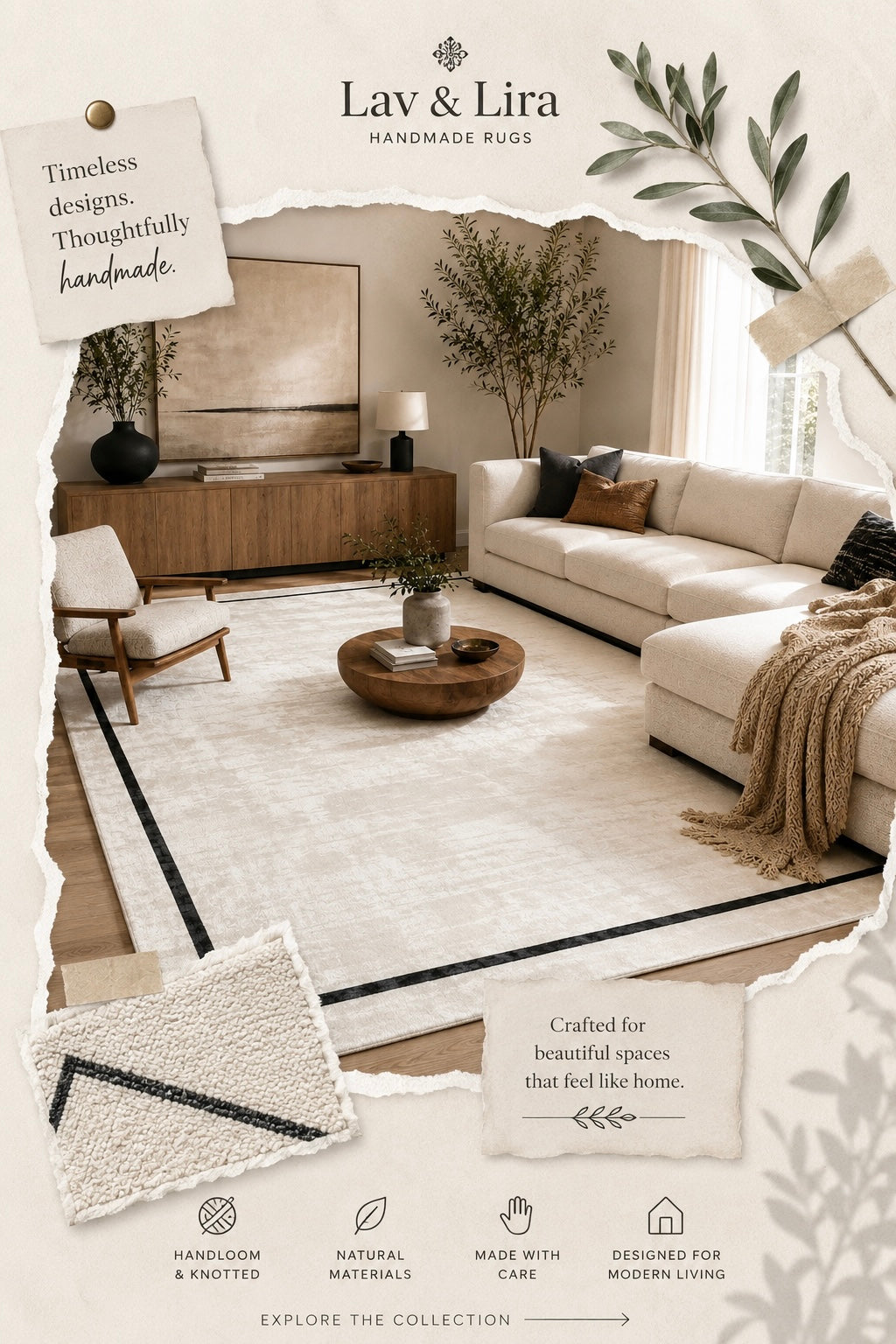 Hand Loomed, Viscose Border Rug, Ivory & Black Modern Area Rug, Luxury Rug, Minimalist Designer Carpet | Lav & Lira