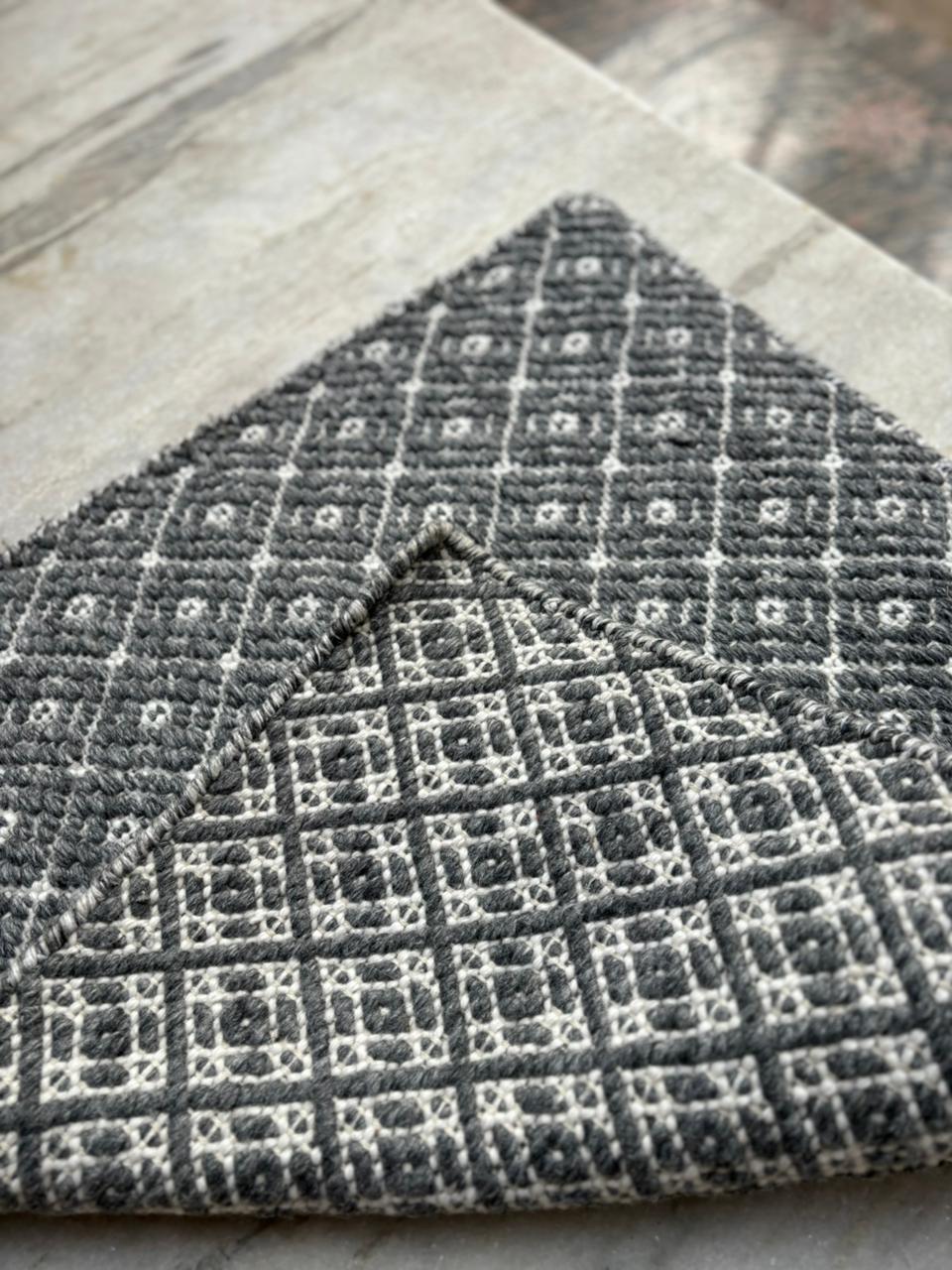 Gray & White Diamond Handwoven Wool Flat Weave Rug — front and reverse details, Lav & Lira handmade rug