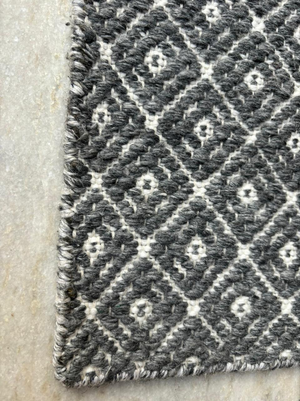 Gray & White Diamond Handwoven Wool Flat Weave Rug — close-up texture, Lav & Lira handmade rug
