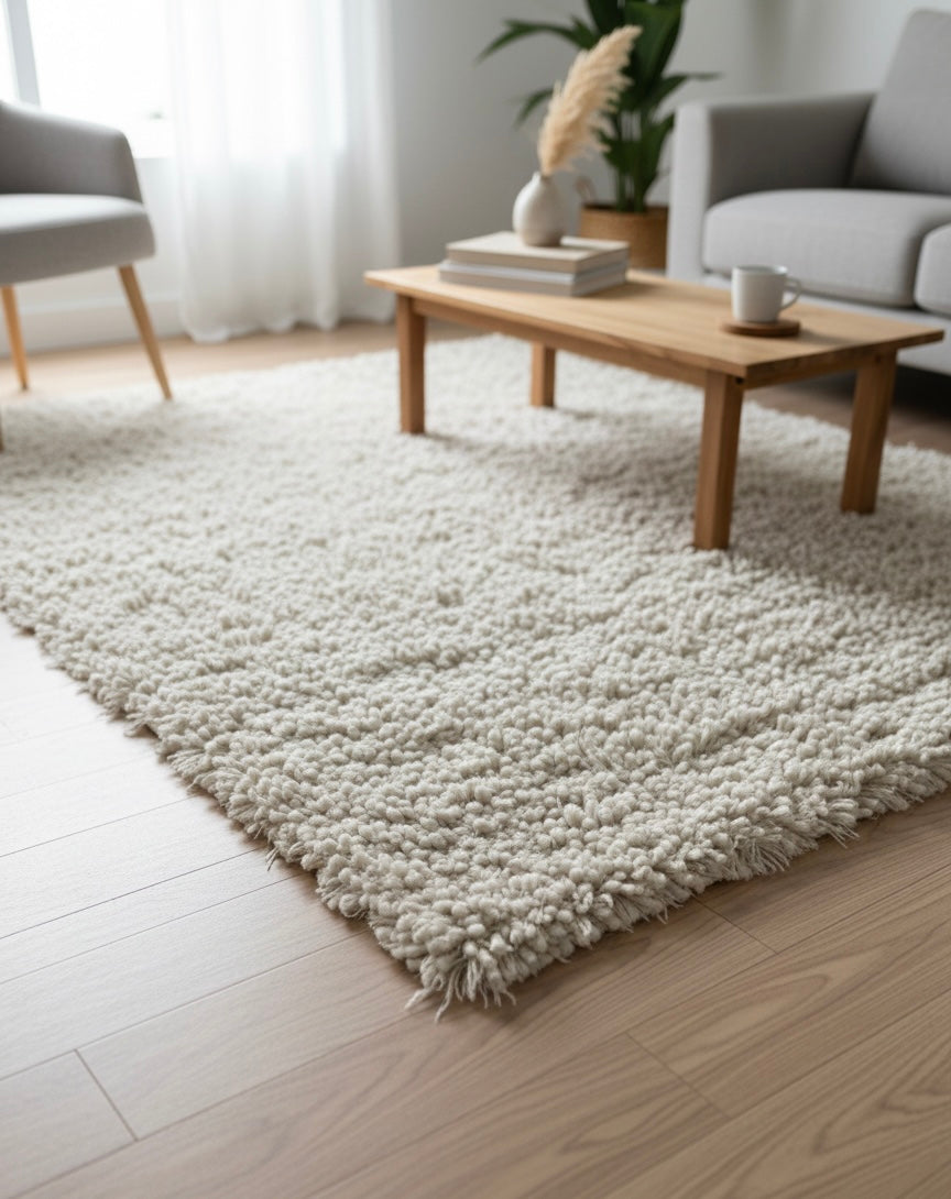 Handwoven white plush shaggy wool rug in a bright living room on hardwood floor, chunky knit texture by LavnLira