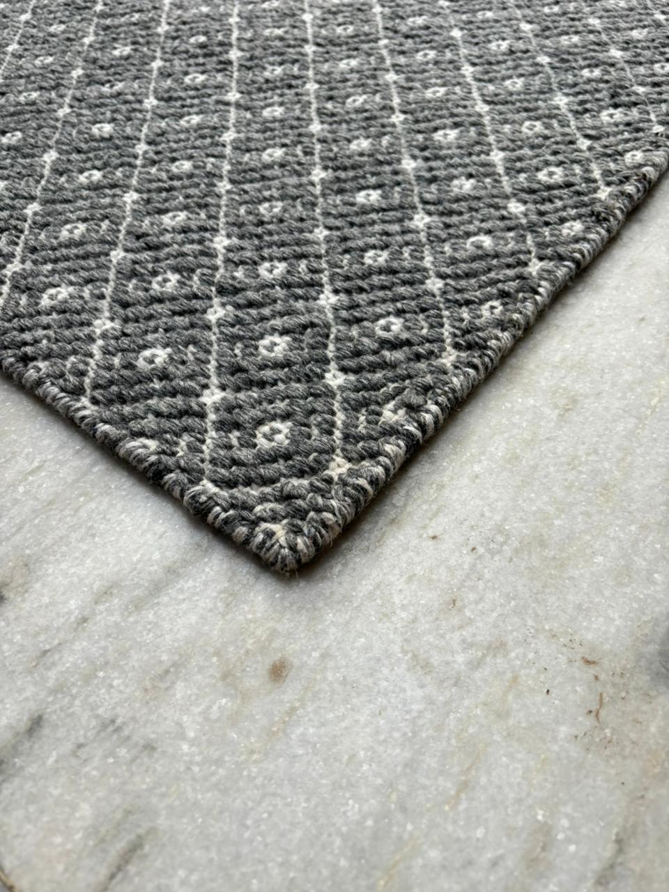 Gray & White Diamond Handwoven Wool Flat Weave Rug — side-angle view, Lav & Lira handmade rug