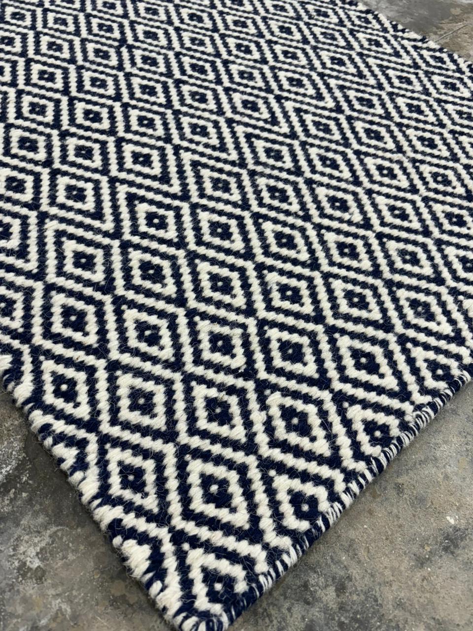 Navy Blue & White Hand woven, Wool flat weave rug, Diamond Shape - LavnLira