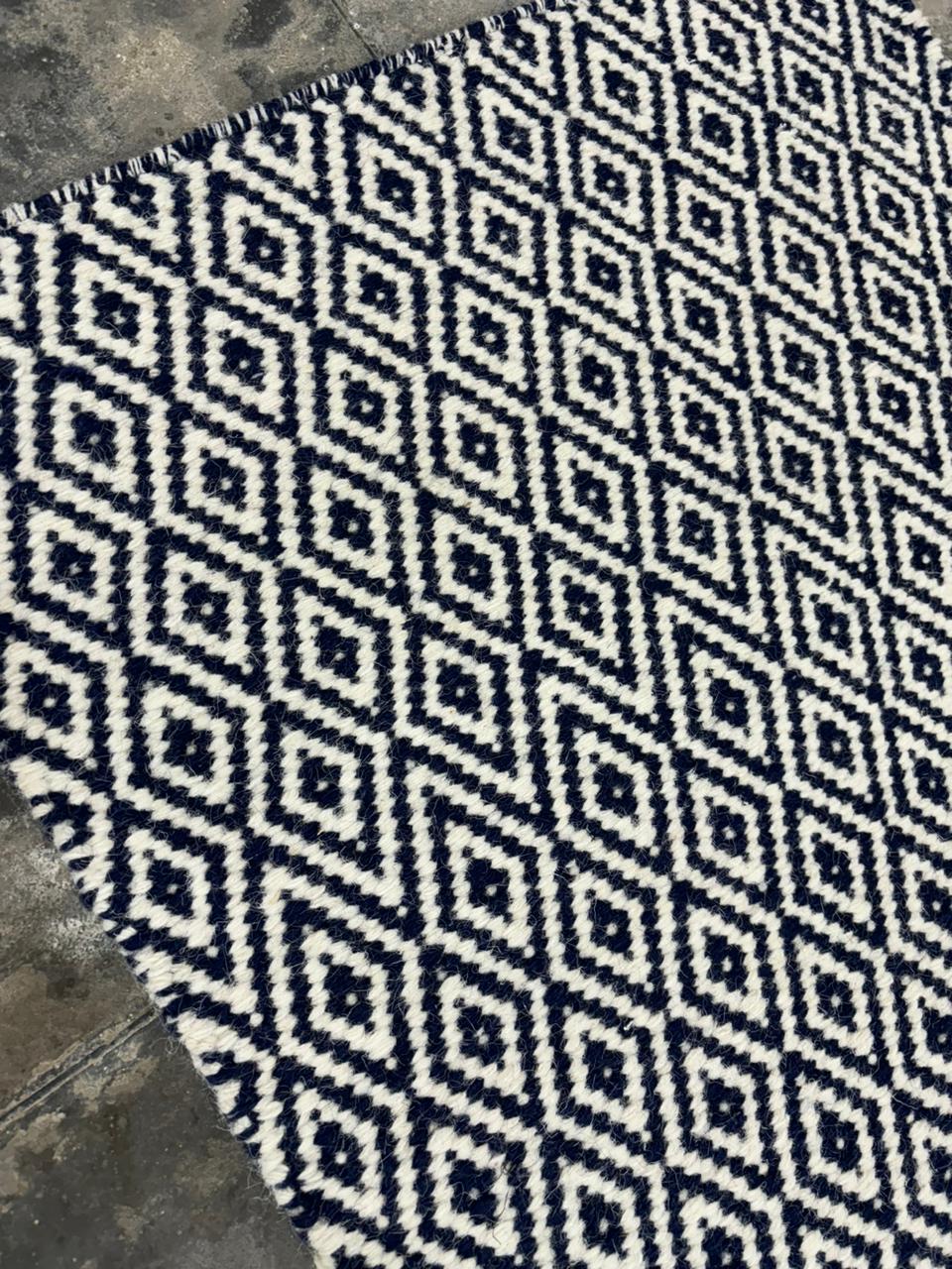 Navy Blue & White Hand woven, Wool flat weave rug, Diamond Shape - LavnLira