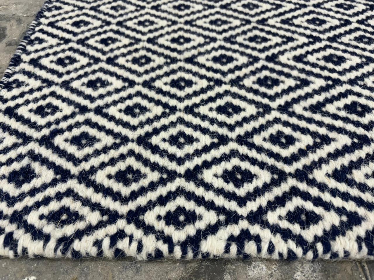Navy Blue & White Hand woven, Wool flat weave rug, Diamond Shape - LavnLira