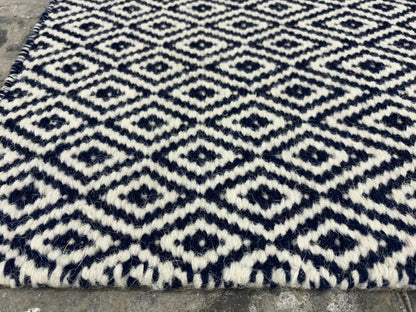 Navy Blue & White Diamond Hand Woven Wool Flat Weave Rug | LavnLira
