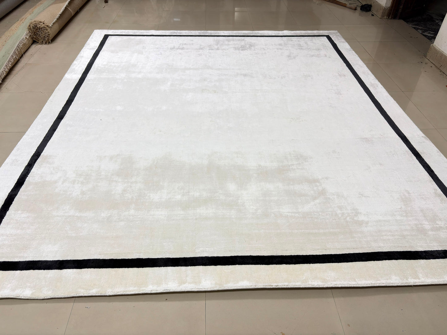 Hand Loomed, Viscose Border Rug, Ivory & Black Modern Area Rug, Luxury Rug, Minimalist Designer Carpet | Lav & Lira